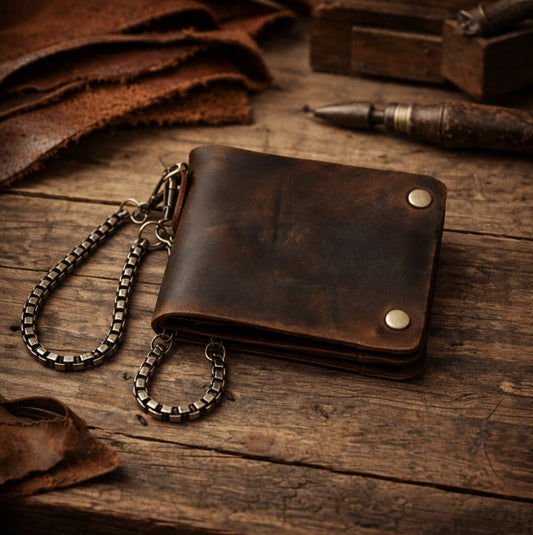 Men's Cowhide Chain Trifold Wallet