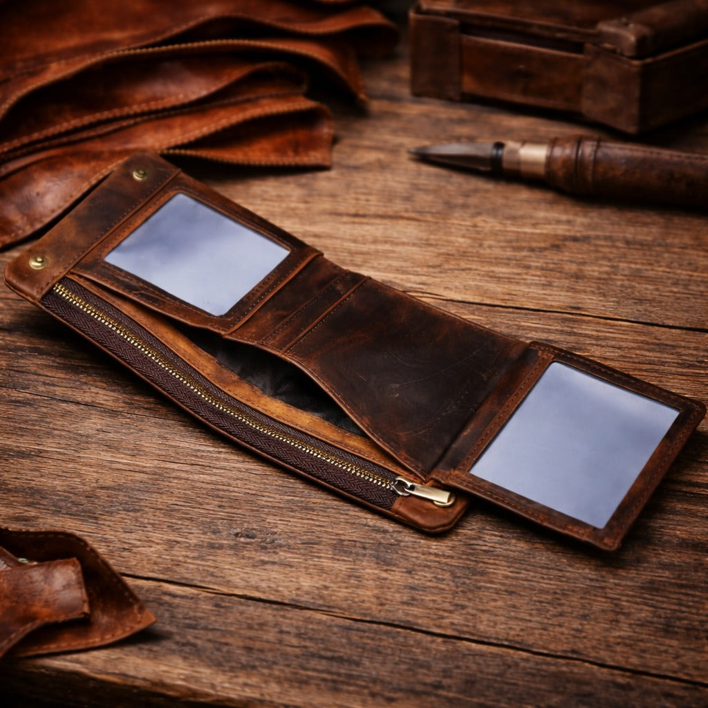 Men's Cowhide Chain Trifold Wallet